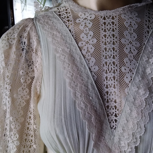Vintage Cotton Gauze Mint Lace Prairie Maxi Dress Sz XS - Picture 6 of 10